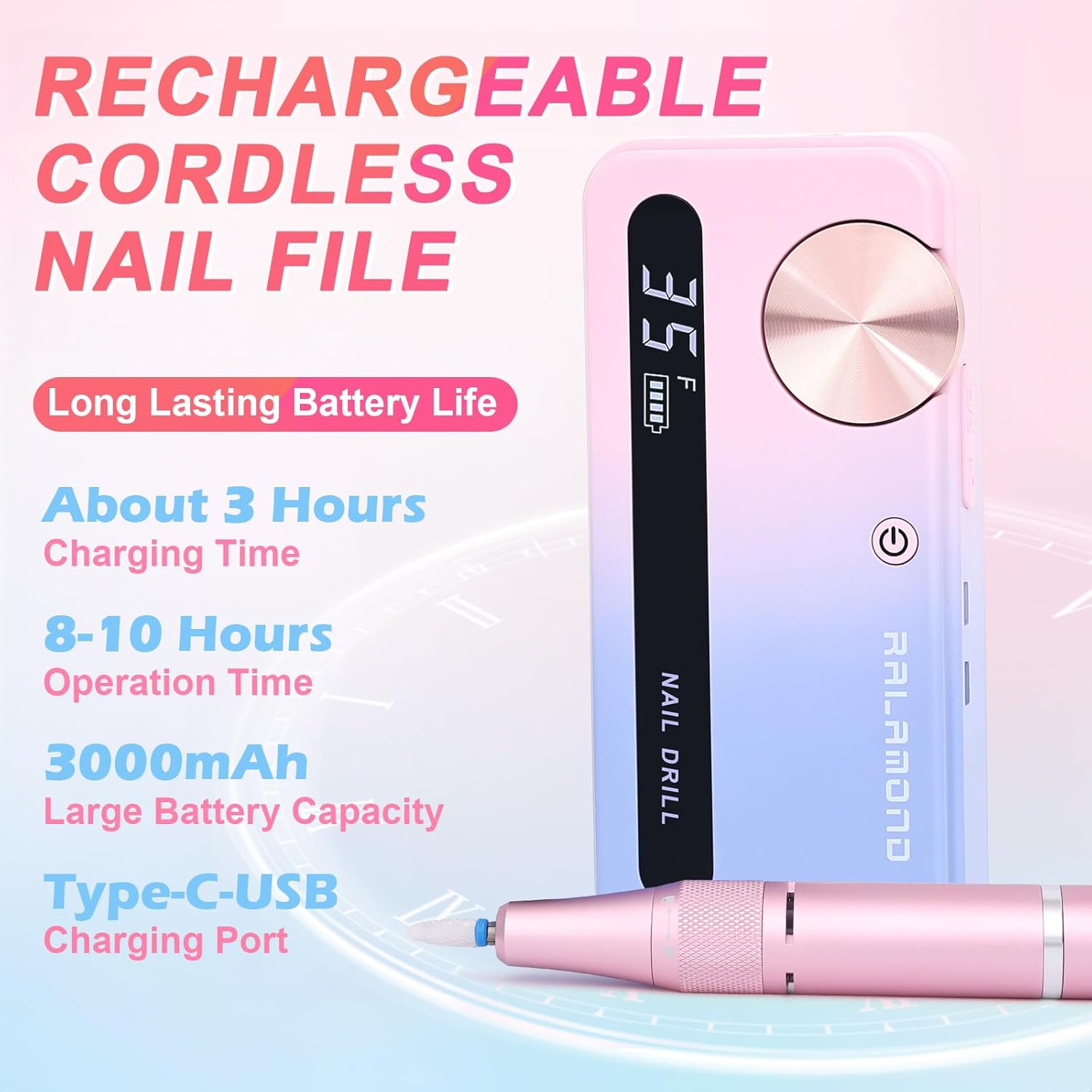 Nail Drill Professional, 35000 RPM Cordless for Acrylic Nails, Electric Nail Drill Machine with Bits, Portable Rechargeable Nail File Manicure for Salon & Home (Multicolor)