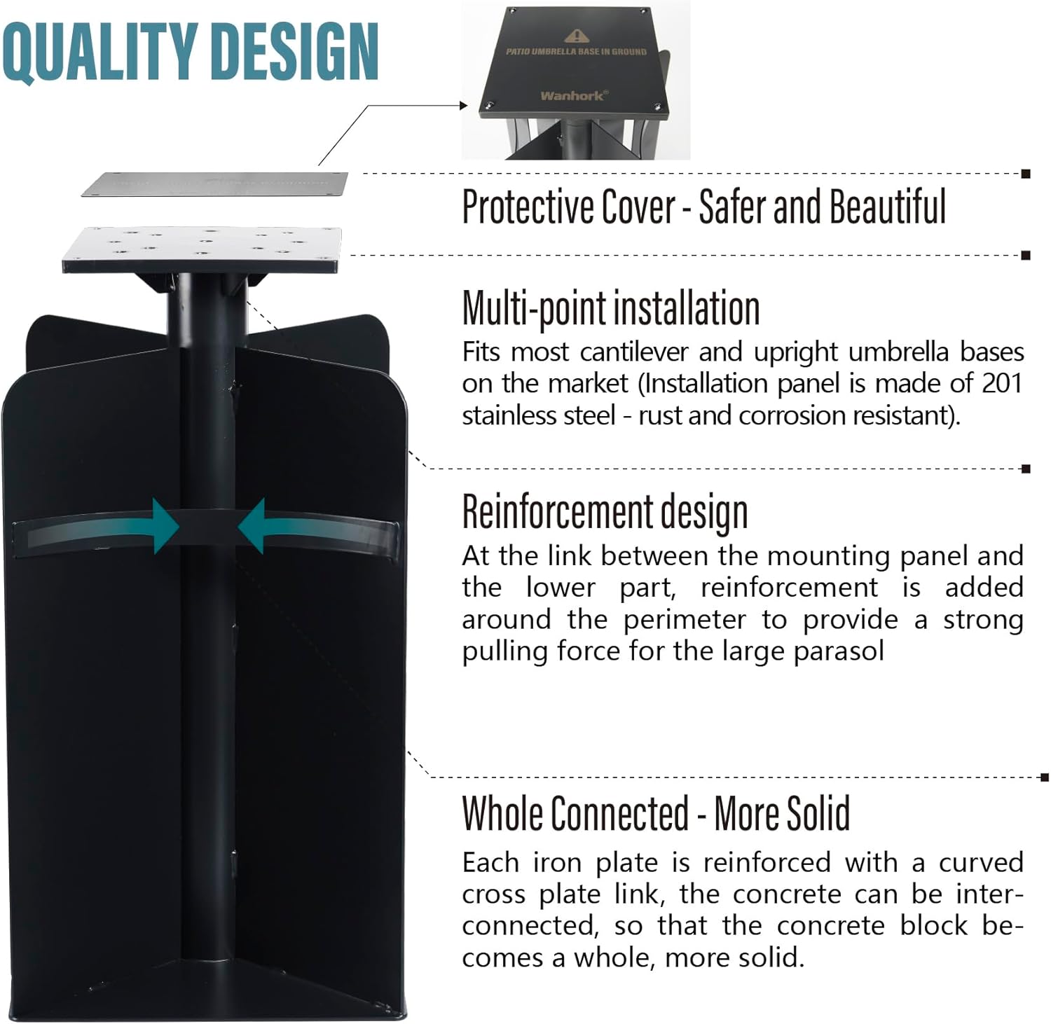 In-ground Umbrella Base for Offset Cantilever Umbrellas, Stainless Steels Outdoor Umbrella Base, Upright Outdoor Umbrella Holder