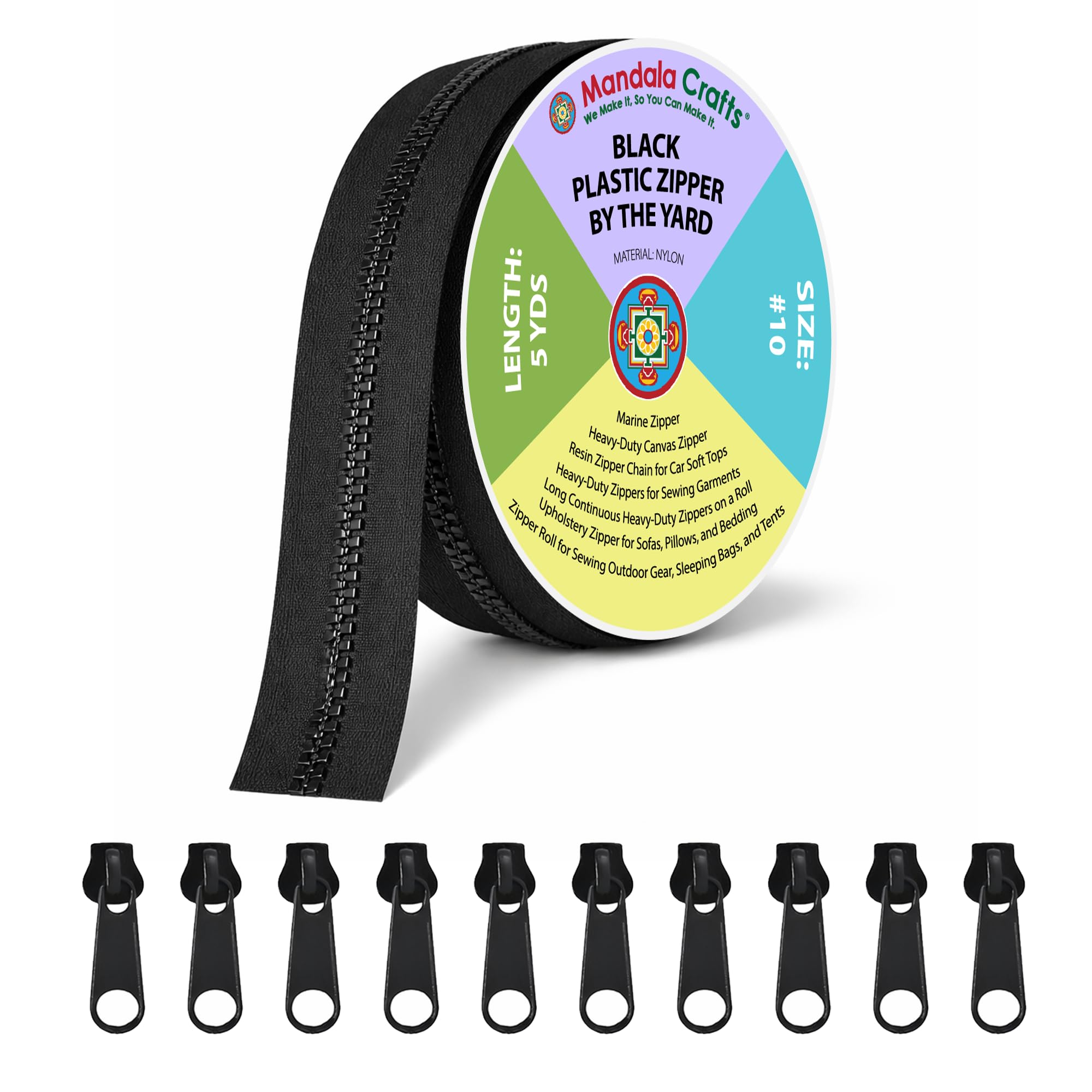 Mandala Crafts #10 Black Plastic Zippers by The Yard – 5 Yards Long Continuous Heavy Duty Zippers on a Roll with 10 Pull Sliders for Sewing,