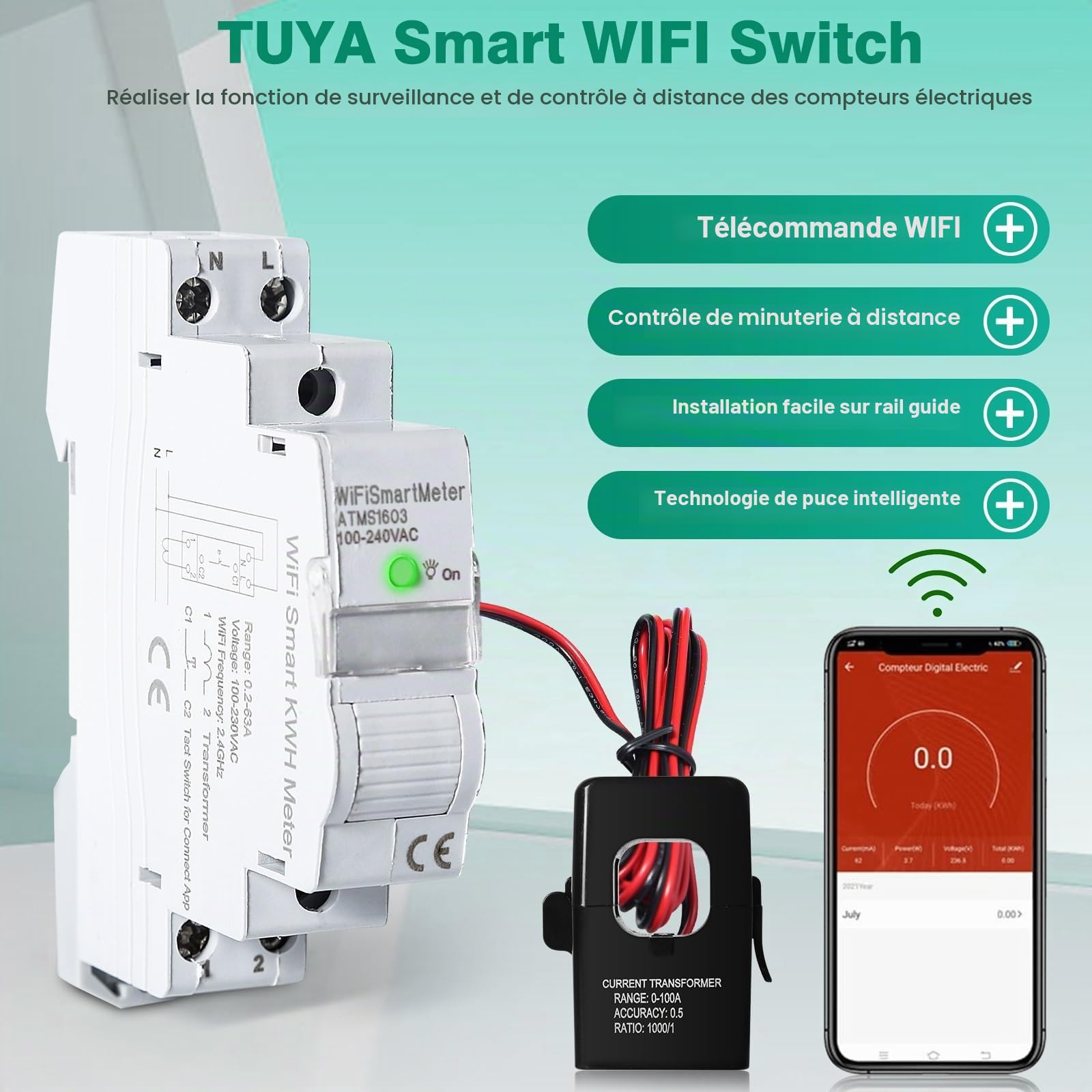 Jadeshay Compteur Électrique, ATMS1603 Tuya WIFI Compteur d'Énergie Intelligent Commutateur de Télécommande Compteur Electrique Consommation avec Surtension et Sous-Tension AC220V