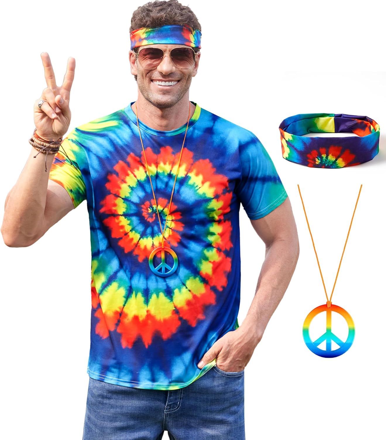 Mainfini Mens 60s 70s Outfits Hippie Costume Retro Colorful Themed Party Shirt (S-3XL)
