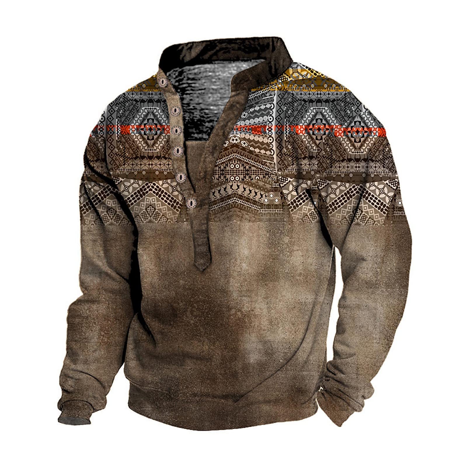 GenericEthnetic Print Shirts for Men 3D Printed Traditional Graphic Tees Long Sleeve Button Athletic Sweatshirts Pullovers