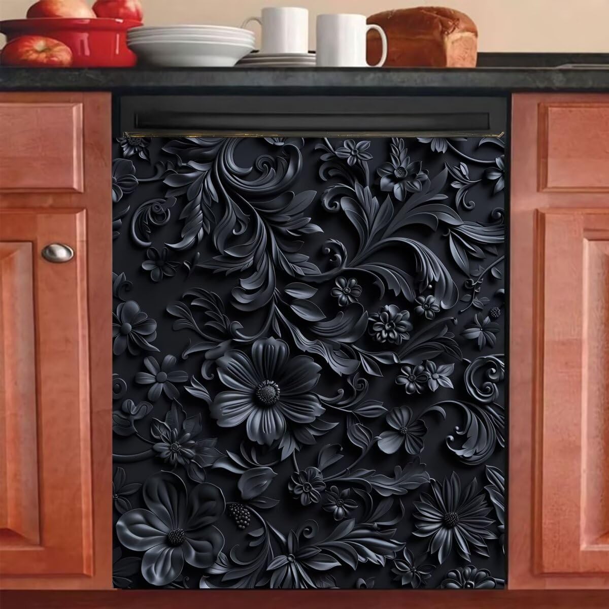 Black Floral Metal Engraving Dishwasher Magnet Cover, 3D Metal Dark Pattern Fridge Magnetic Kitchen Decor Sticker Decal, Home Stainless Steel Wave 23" W x 26" H