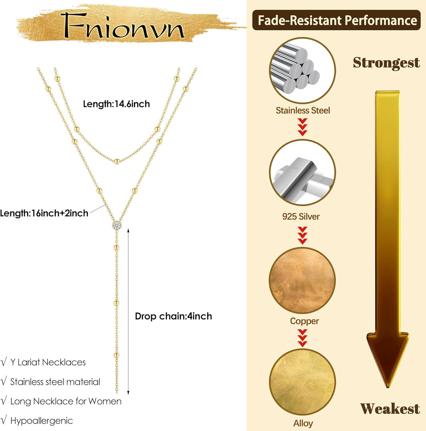 Necklace for Women 18K Gold Plated Stainless Steel Neckalce Non Tarnish Layered Necklaces Long Gold Neckalce Stack Trendy Y-shaped Charm Necklace Valentines Day Gifts for Her - Image 4