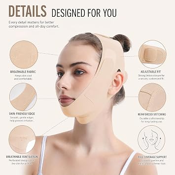 V Line Face Mask Reusable,Double Chin Reducer Lifting Strap,Breathable V Shape Slimming Bandage for Jawline and Sagging Skin,Facial Lifting Belt for Women and Men Anti-Ageing,Fu