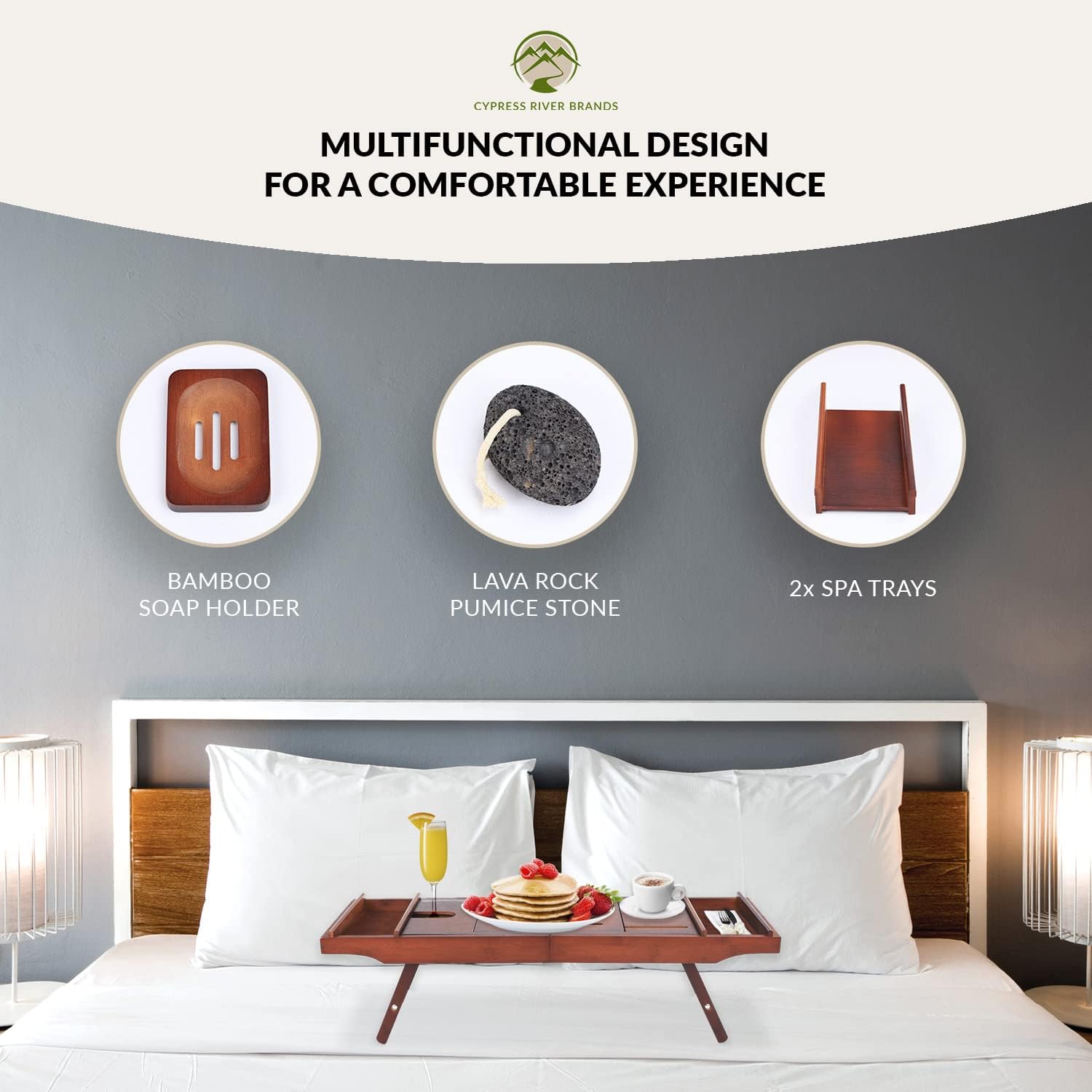 CYPRESS RIVER BRANDS - Bamboo Bathtub Tray with Extendable Sides & Foldable Legs - Premium Bath Table - Incl. Soap Tray, Lava Pumice Stone & Spa Trays : Home & Kitchen