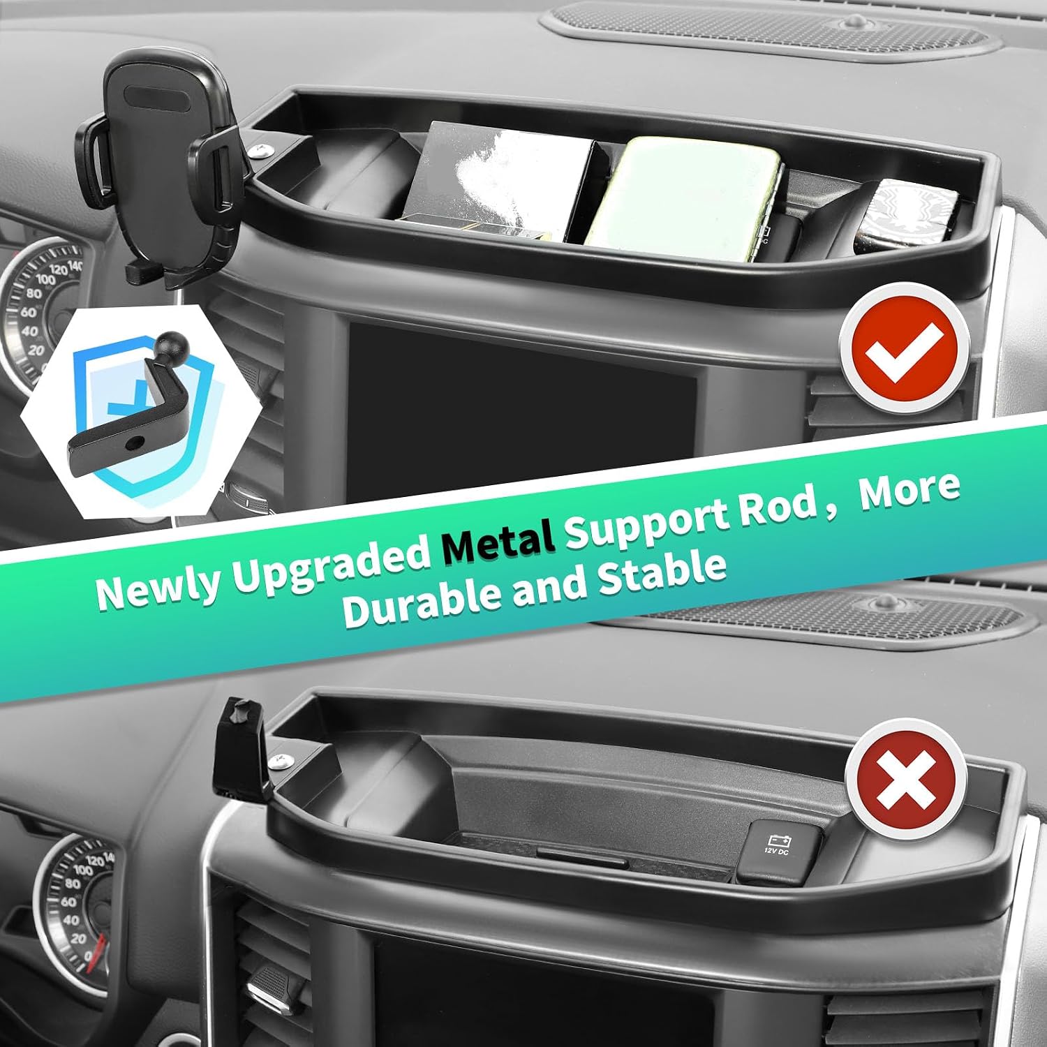 Multi-Mount Dash Phone Holder with Arm Metal Rod for Dodge RAM 2018-2023(for 8.4" Screen), Phone Mount Storage Tray Cellphone System Kit image 2