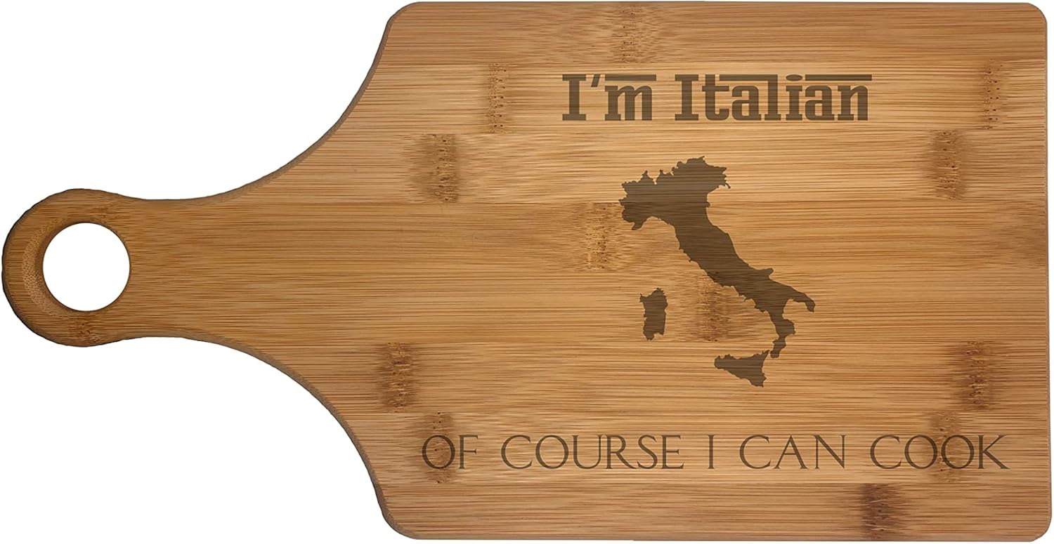 Italy Cooking Gifts I'm Italian of Course I Can Cook Engraved Natural Wood Cutting Board Paddle Shaped (Bamboo)