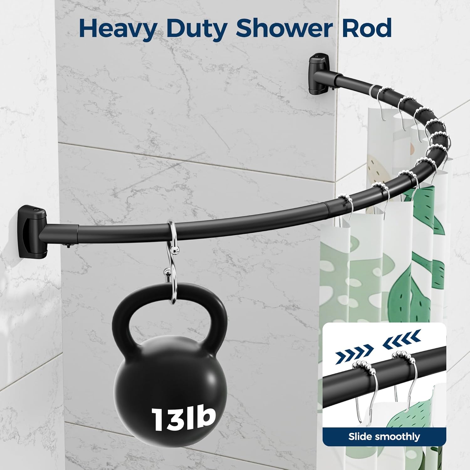 ENJOYBASICS Curved Shower Curtain Rod with Shower Rings, Adjustable Round Bathroom Rod for Extra Space, Rustproof, Need to Drill, Matte Black, 35-77 Inches