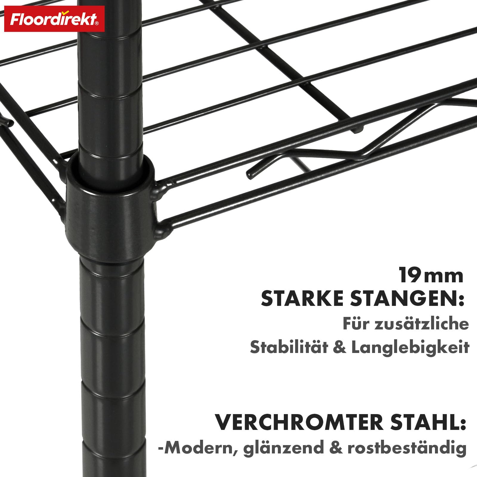 Floordirekt Metalowy regał dekoracyjny i wytrzymały regał magazynowy, regał piwniczy do łazienki, kuchni, biura, pomieszczeń mieszkalnych i zewnętrznych (55 x 35 x 110 cm, czarno-rocky: Ø 19 mm)