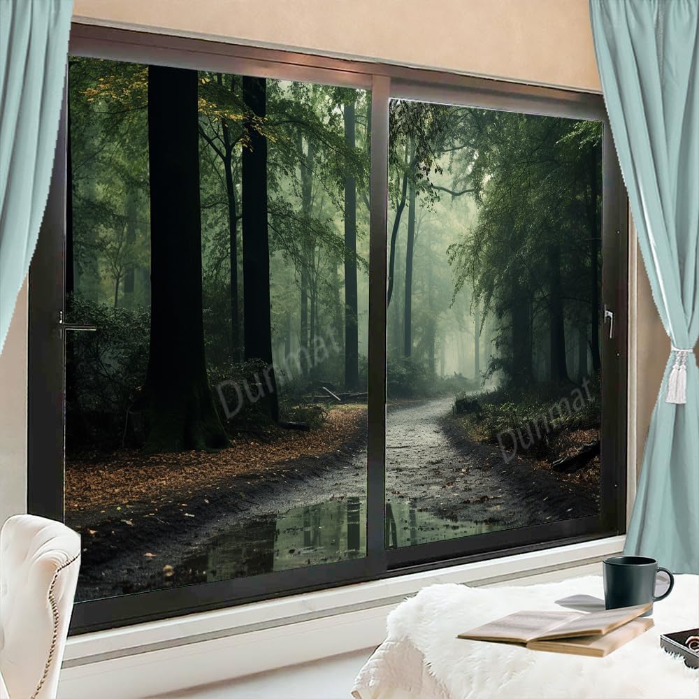 Autumn Forest Path Window Privacy Film Nature Leaves Tree Modern Stained Glass Window Coverings No Glue Static Cling Window Film for Home Office Stores 17.7Wx23.6L-inch x2 Pcs