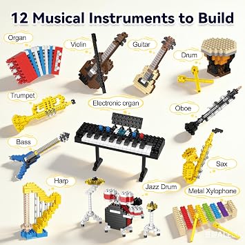 FUN LITTLE TOYS Music Building Party Favor Toys, Mini Building Blocks Musical Instruments Set 12 Pack No Duplicates, Individually Boxed for Kids 6-12, Classroom Prizes, Goodie Bag Stuffers