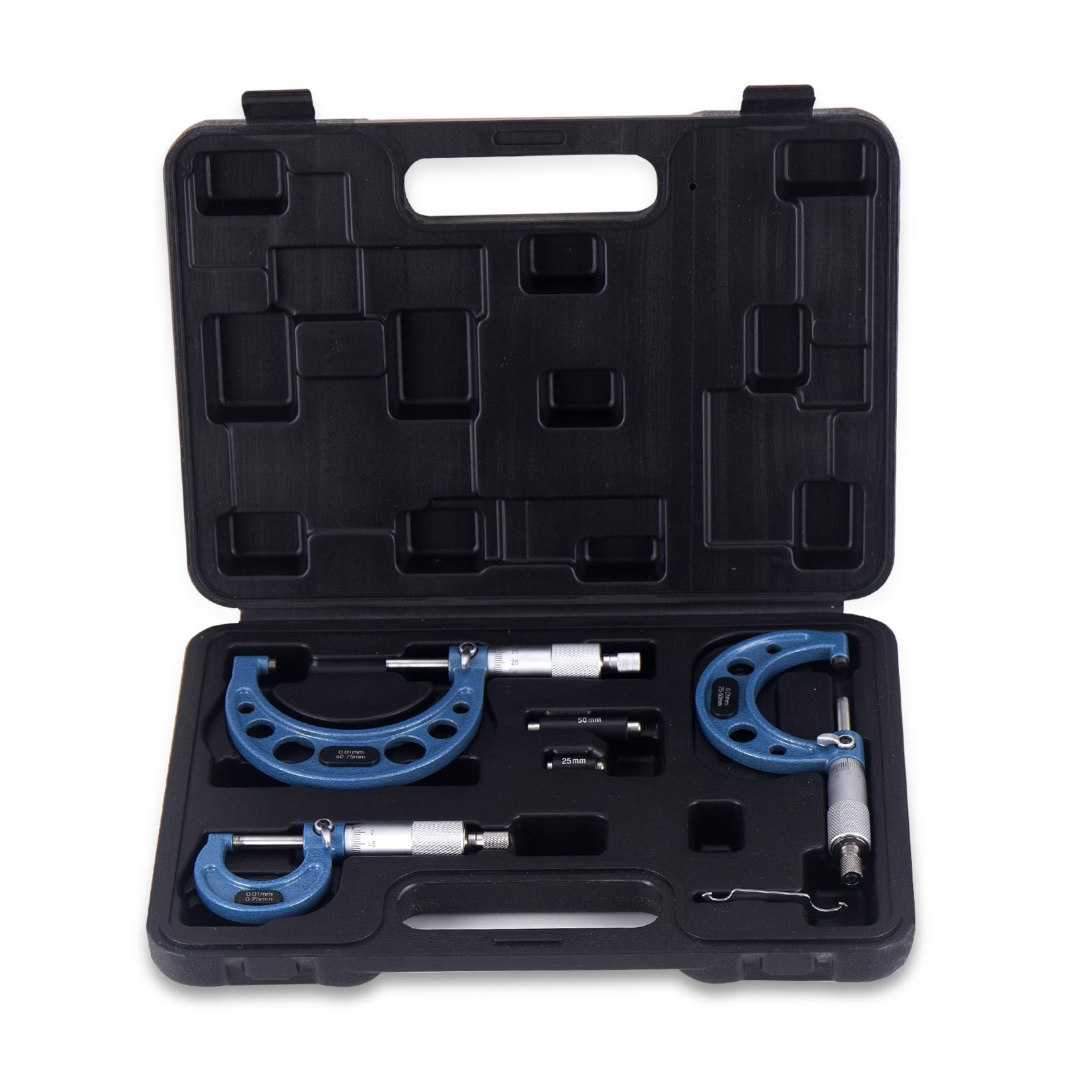 Set di 3 viti per misurazione, precisione 0,01 mm, diametro esterno micrometro in acciaio da 25 mm, asta di calibrazione da 50 mm, campo di misurazione 0-25 mm, 25-50 mm, 50-75 mm