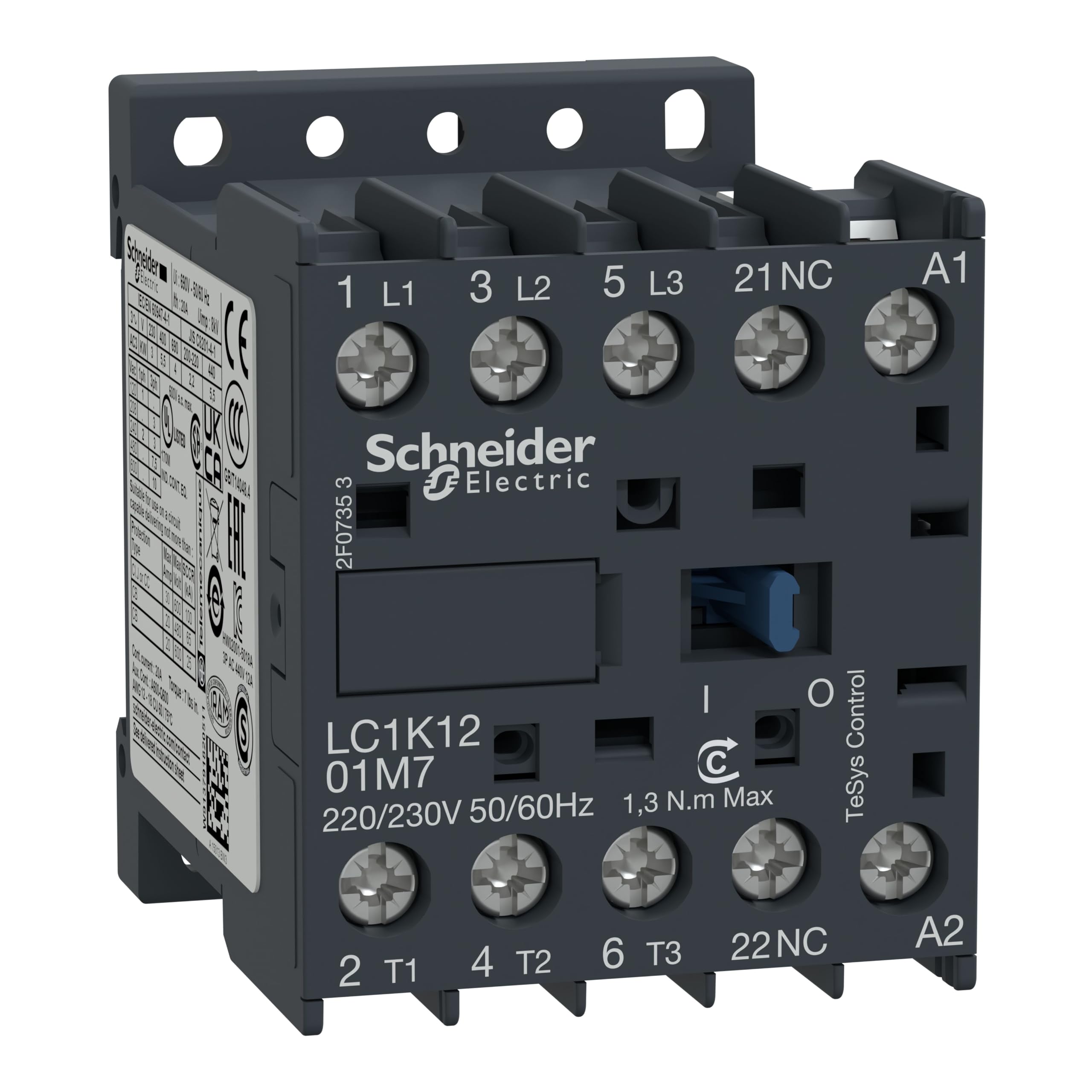 Schneider Electric Lc1 K1201 V7 Contacteur 12 A 400 V, Tesys K Contacteur – 3P (3 NO) – AC-3 – < = 440 V 12 A – 400 V AC Coil