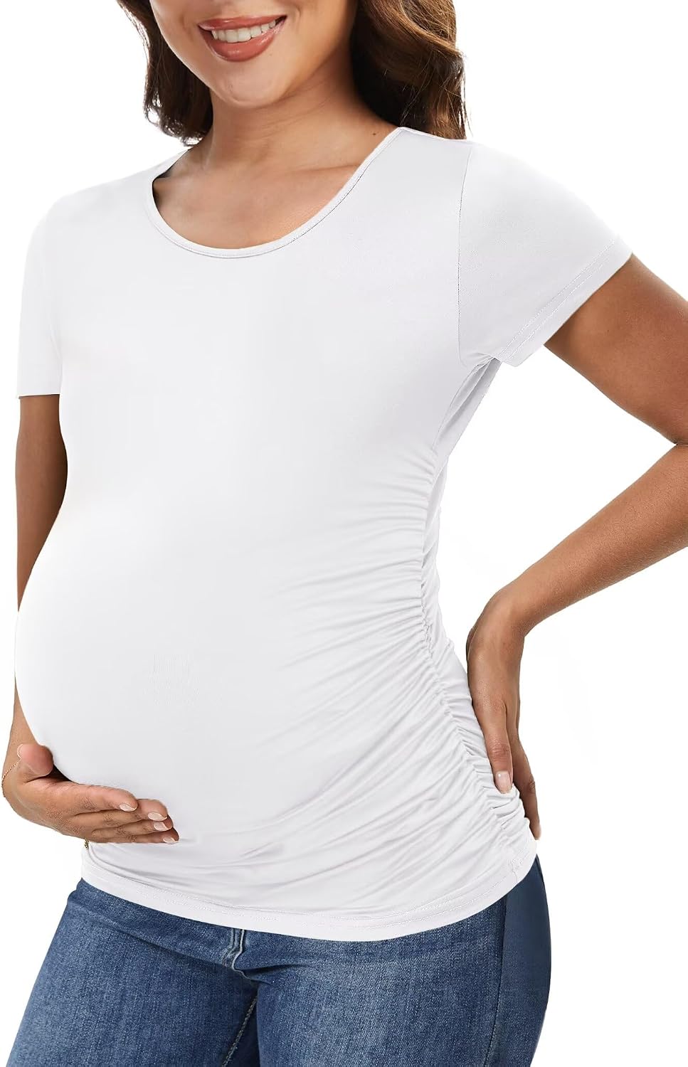 Fotociti Maternity Shirts for Women,Short Sleeve Pregnancy Top, Soft Stretch Crew Neck Side Ruched Maternity Tee Casual Work