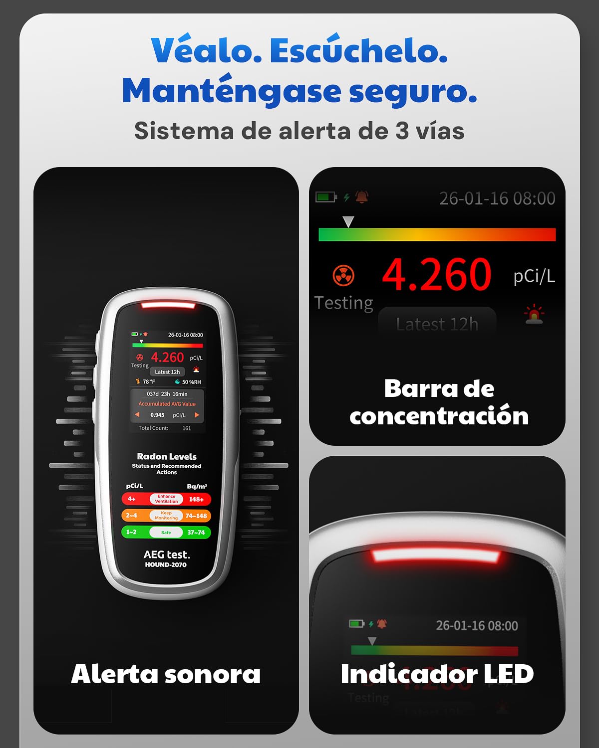 HOUND-2070 Detector de Radón para Hogar, Pantalla de Temperatura y Humedad, 504 Días de Almacenamiento de Datos, Recargable, Analizador de Radón 3-en-1 Portátil para Sótano, pCi/L o Bq/m³