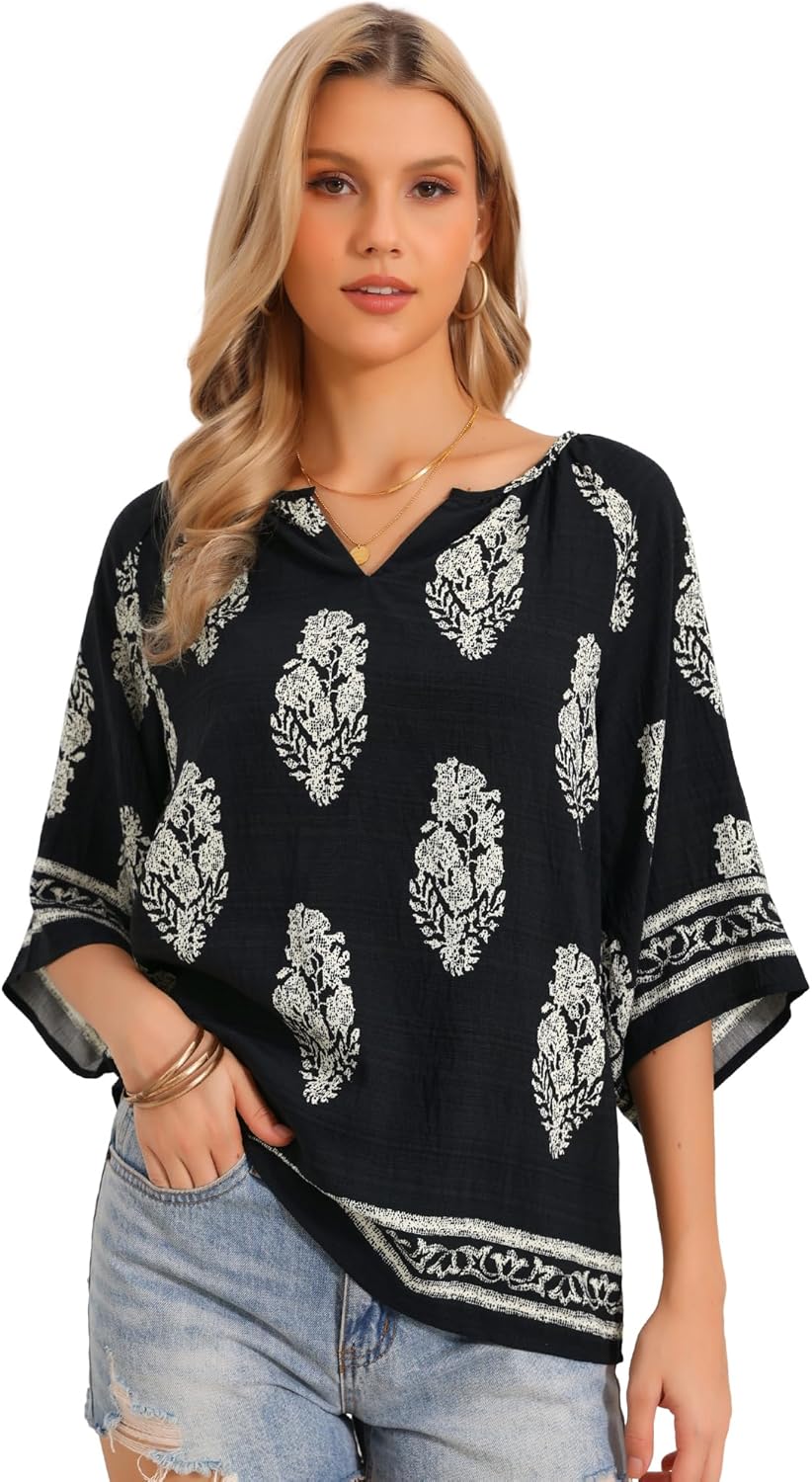 Allegra K Boho Tops for Women Summer 3/4 Sleeve V Neck Vacation Bohemian Peasant Casual Loose Blouses