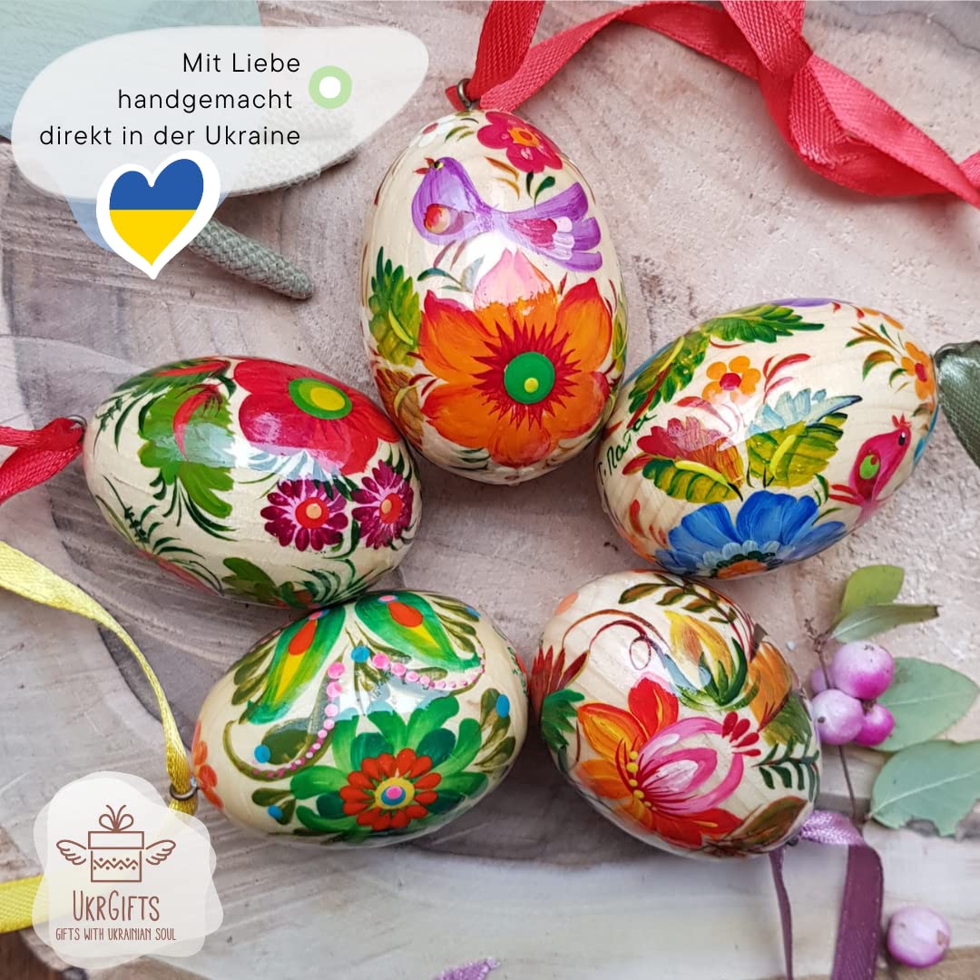 Handbemalte Ostereier Mini zum Aufhängen aus Holz 5 St Set mit Schönem Blumenmuster der Ukrainischer traditioneller Petrykiwka-Malerei