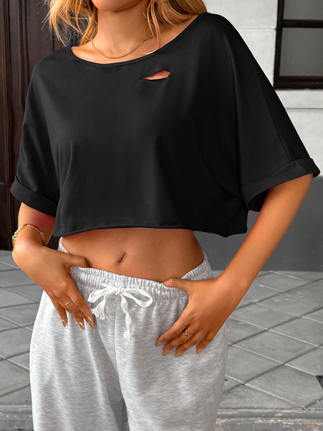 SOFIA'S CHOICE Women Distressed Off Shoulder Crop Top Ripped Loose Short Sleeve T Shirt - Image 2