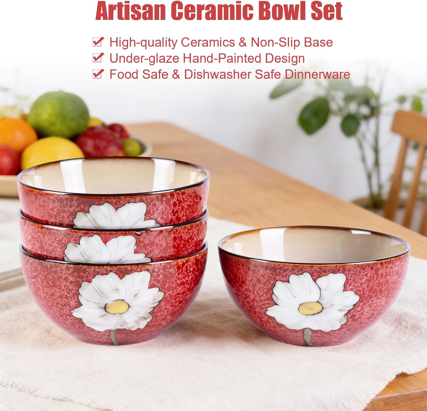 28oz Ceramic Bowls Set of 4 for Kitchen, 6 Inch Hand-painted Floral Serving Bowls, Dishwasher Microwave Oven Safe, for Salad, Pasta, Ramen, Rice & Dessert, Breakfast Lunch Dinner, Red