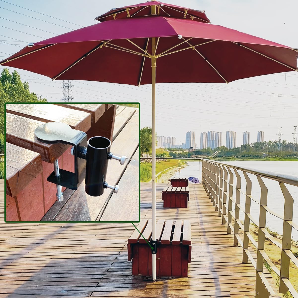 Heavy Duty Steel Umbrella Clamp - 360° Rotatable Balcony Umbrella Railing Umbrella Holder, Attaches to The Deck Railing, Chair, Benches, Tailgates, Boats and More, Black