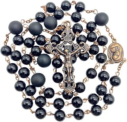 Nazareth Store Onyx Beaded Rosary Necklace with Holy Soil Medal & Vintage Cross Crucifix Catholic Prayer Beads Handmade Spiritual Jewelry Religious Gift for Men & Women