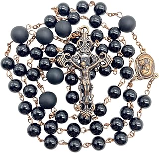 Onyx Rosary Black Beads Necklace Catholic Holy Soil Medal Vintage Cross Crucifix Antique Rosarios Catolicos para Hombre