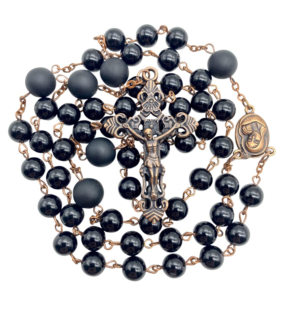 Black Agate Rosary Beads Necklace Holy Soil Medal & Cross Crucifix Antique Religious Rosaries Beads Collection