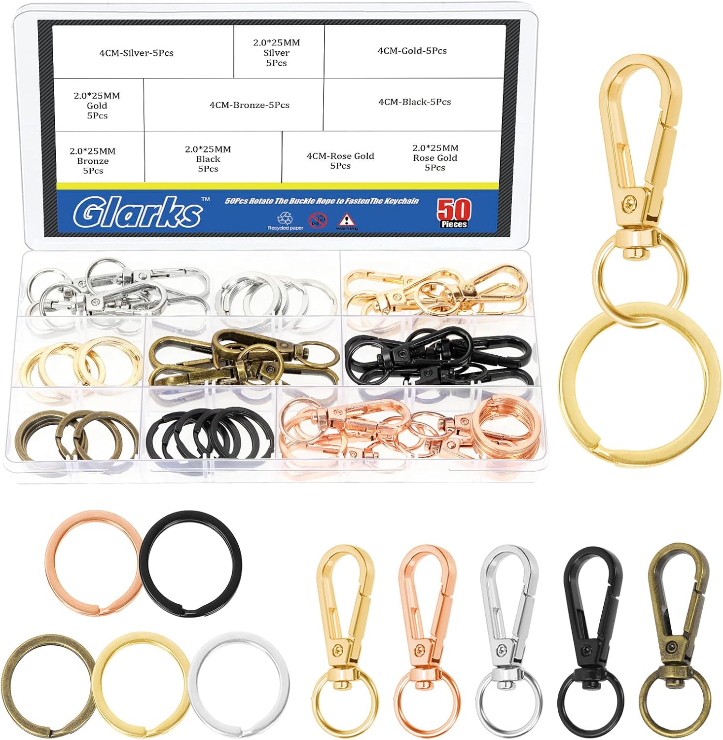 Glarks 25 Sets 50mm Lobster Claw Clasp with 25mm Key Rings Kit, 5 Colors Zinc Alloy Keychains Clips Hooks, Swivel Snap Hooks, Lanyard Snap Hooks and Key Rings