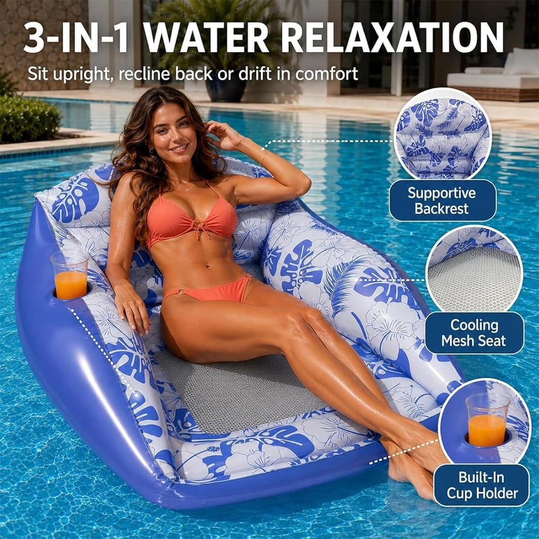 Poltrona da piscina gonfiabile 3 in 1, portatile e traspirante