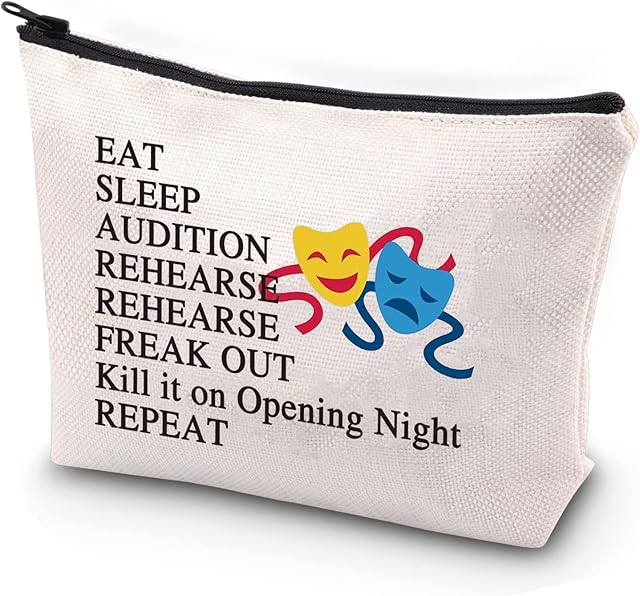 Theatre Life Makeup Bag Drama Theater Gift Eat Sleep Audition Theatre Novelty Cosmetic Bag Broadway Musical Theatre Gift Comedy Tragedy Mask Drama Gift Performer Gift, Beige