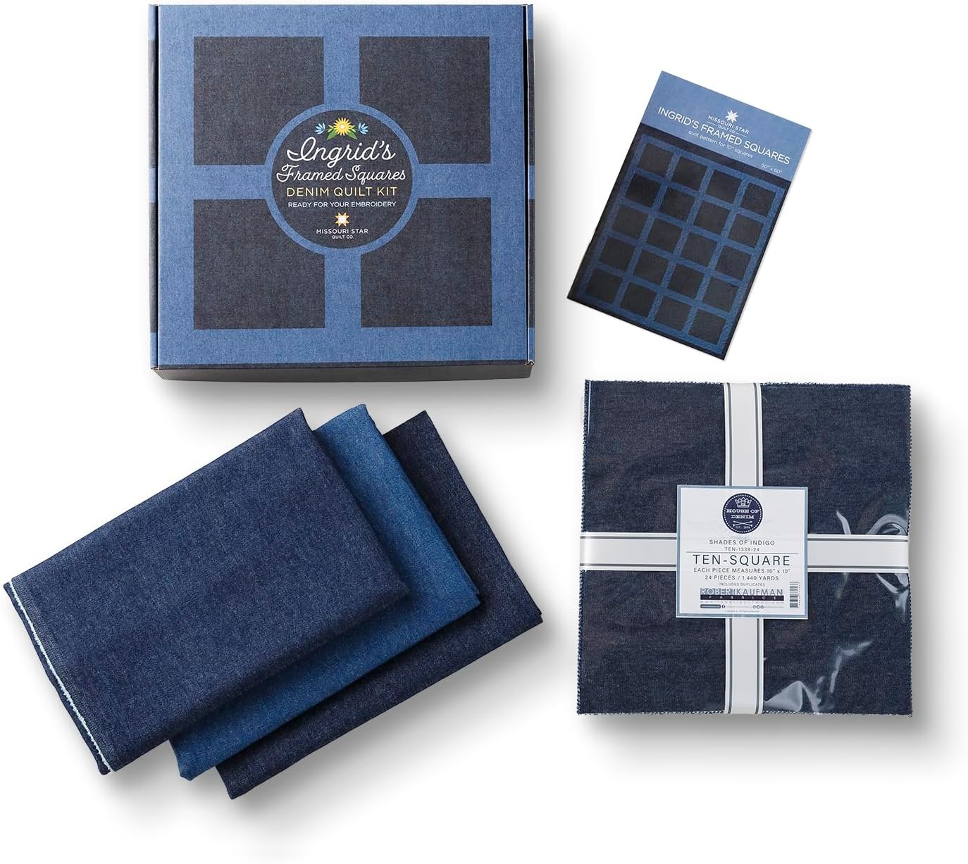 Indigo Washed Denim Quilting Kit | 10” Quilting Fabric Squares, 6.5 oz Yardage, Quilt Pattern Included | Quilt Supplies for Cutting Patterns, Embroidery, Sewing, and Blanket Making