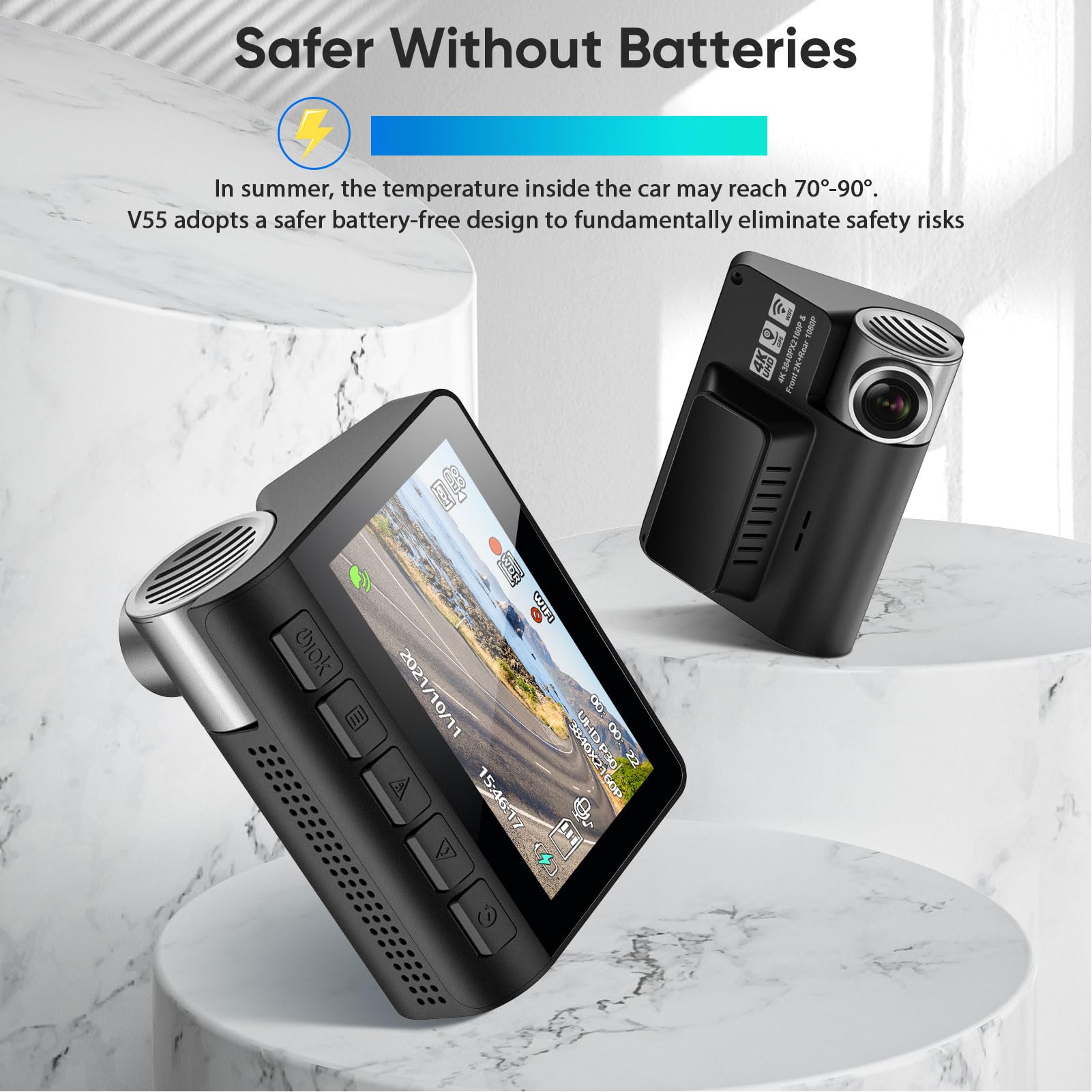 Dash Cam, Telecamera per Auto Anteriore e Posteriore 4K con Fotocamera Posteriore Ribaltabile 1080P, WiFi 5GHz Integrato, Schermo da 2,0 Pollici, Registrazione in Loop,