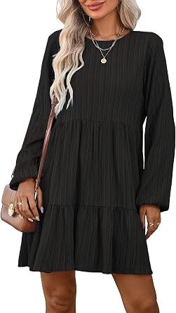 HELYO Womens Casual Dress Long Sleeve Crew Neck Tunic Fashion Cute Loose Ruffle Tiered Dresses 216