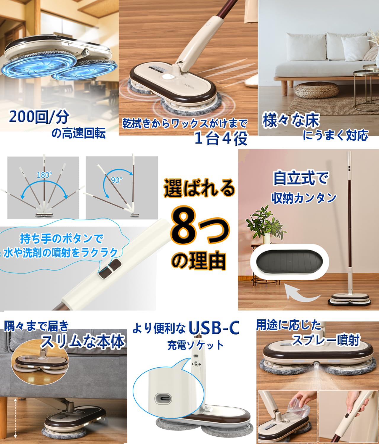 Amazon｜GOBOT 電動モップ コードレス回転モップクリーナー 軽量化  