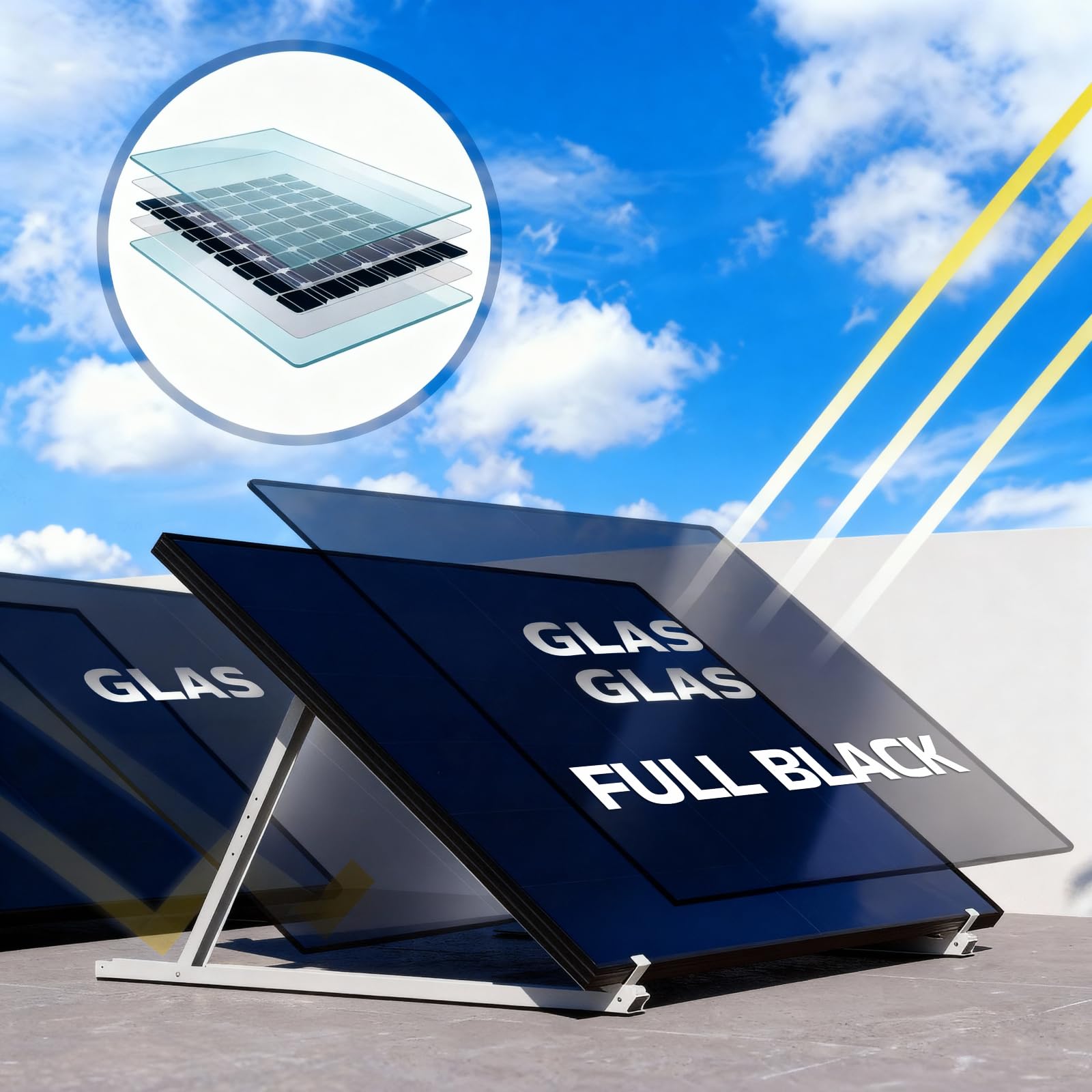 SUNNIVA® 460W Balkonkraftwerk BIFAZIAL FULLBLACK komplett Steckdose HOYMILES 400 Watt Wechselrichter, PV Solaranlage Komplettset, 1x 460W N-Type Glas-Glas Bifacial Solarmodule, 5m Kabel