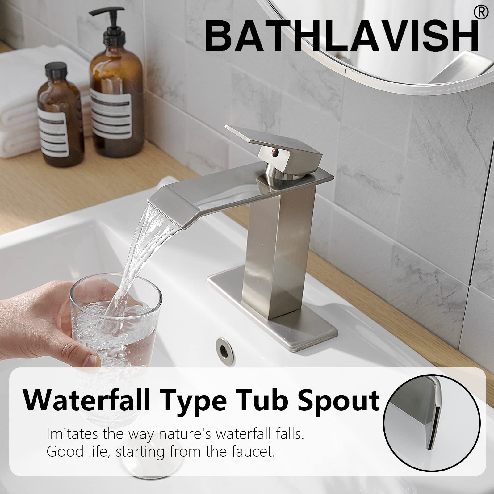 BATHLAVISH Wasserfall-Wasserhahn Für Waschbecken – Gebürstetes Nickel, Einloch, Mit Pop-Up Ablauf