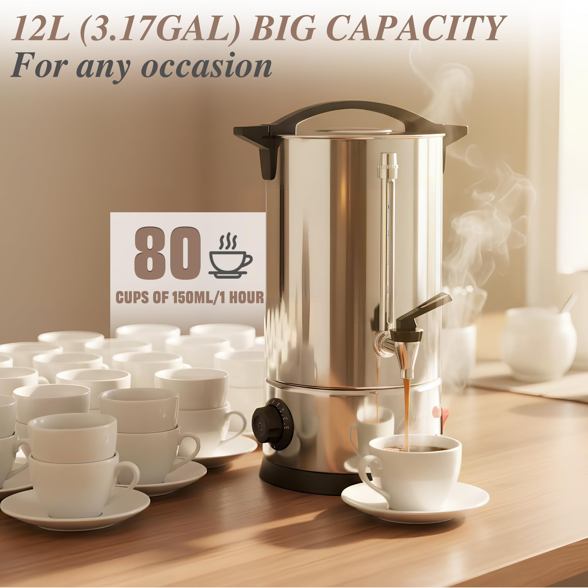 Percolateur à Café 12L avec Acier Inoxydable Filtre, 80 Tasses Cafetière Commerciale En Acier Inoxydable, Maintien au Chaud, Pour Événements Et Traiteur, Pour Appareil Chauffe Eau Thé Chocolat