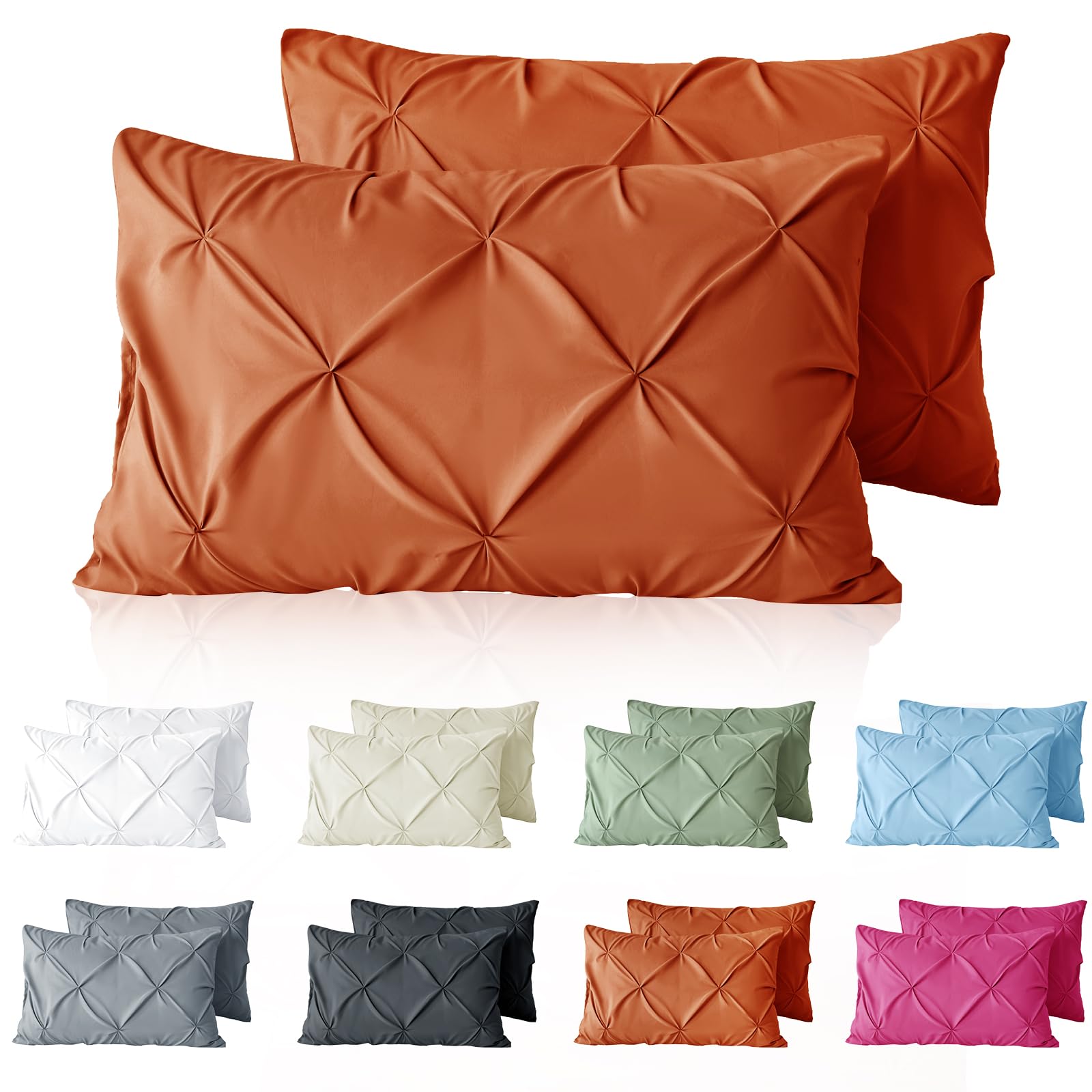 VACVELT Pintuck Pillow Cases Queen Size Set of 2, Burnt Orange Pillow Shams Decorative Pillowcases with Envelope Closure, Pinch Pleated Microfiber Pillowcases, Wrinkle and Stain Resistant