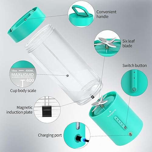 Miniatura 6 de Vaeqozva - Licuadora portátil para batidos y batidos, licuadora personal de 16 onzas, 6 cuchillas ultra afiladas, mini botella magnética recargable