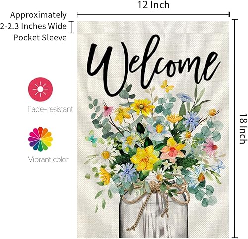 Miniatura 6 de CROWNED BEAUTY Bandera de bienvenida de primavera para jardín, tarro de albañil floral de 12 x 18 pulgadas, doble cara para exteriores de arpillera