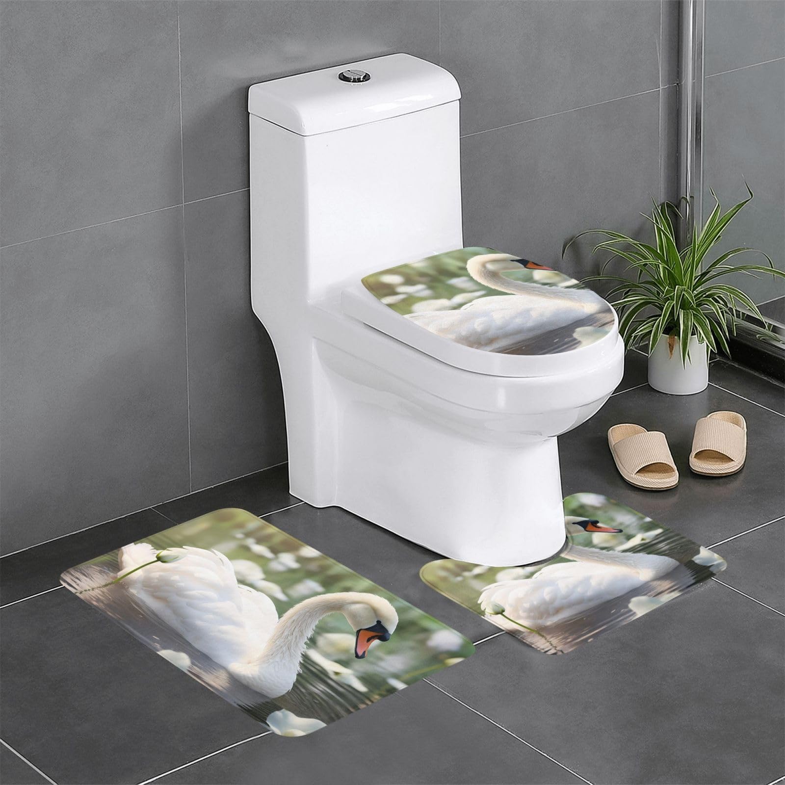 Tapis de bain cygne blanc 3 pièces antidérapant et absorbant pour douche