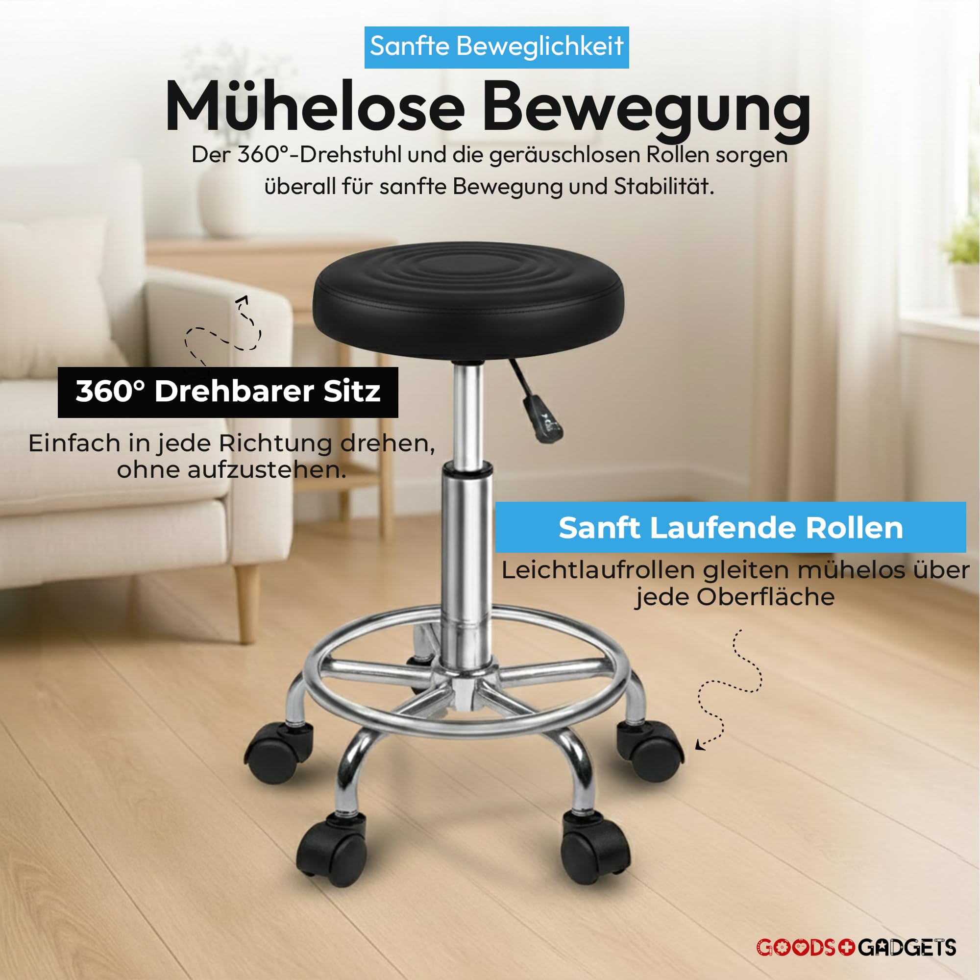 GOODS+GADGETS Ergonomie rollbarer Arbeitshocker Drehhocker Barhocker Praxishocker Rollhocker höhenverstellbar, schwarz