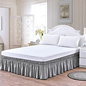 Queen/King Wrap Around Bed Skirts, 18 Inch Drop Ruffled Bed Skirt with Adjustable Elastic Belt, Easy Fit Wrinkle & Fade Resistant Silky Fabric, Grey