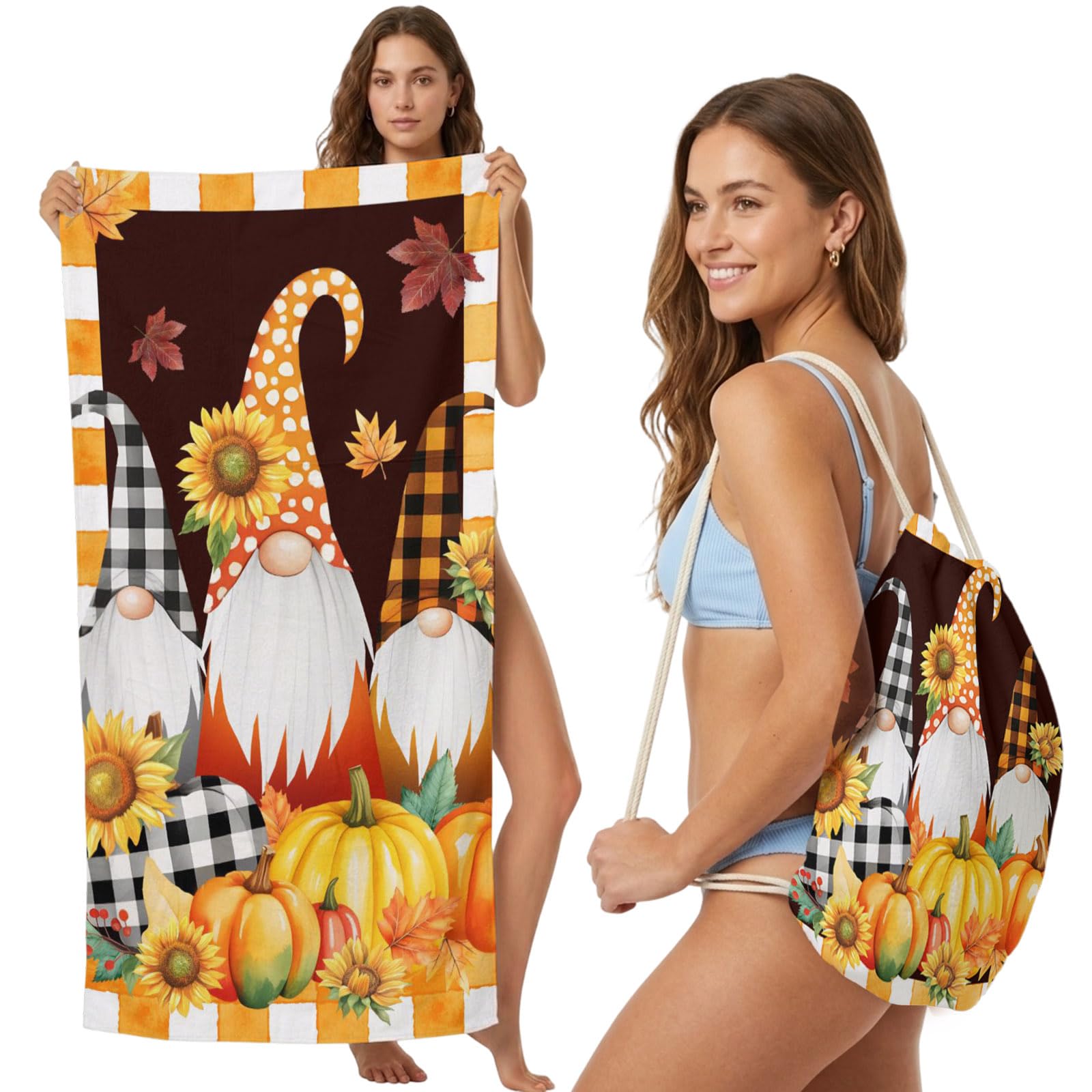 2-in-1 Beach Towel Backpack,Fall Gnome Sunflower Thanksgiving Pumpkin Bath Towel with Built-in Storage Orange Plaid Convertible Foldable Beach Blanket for Travel Pool Gym Camping Swim,31x63in