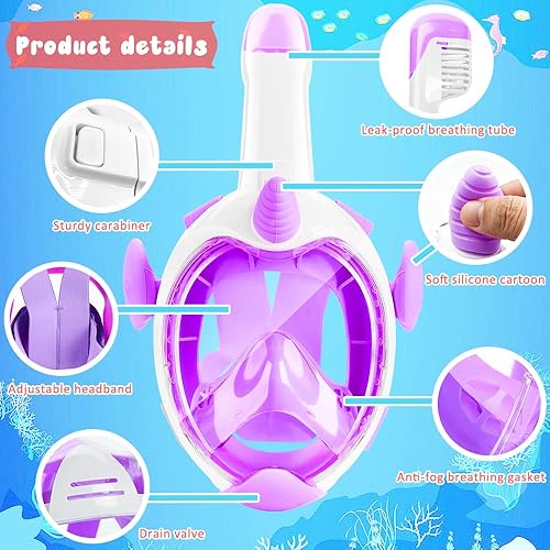 Miniatura 5 de Máscara de esnórquel para niños, máscara de esnórquel de cara completa, vista panorámica de 180, equipo de esnórquel superior seco para niños,