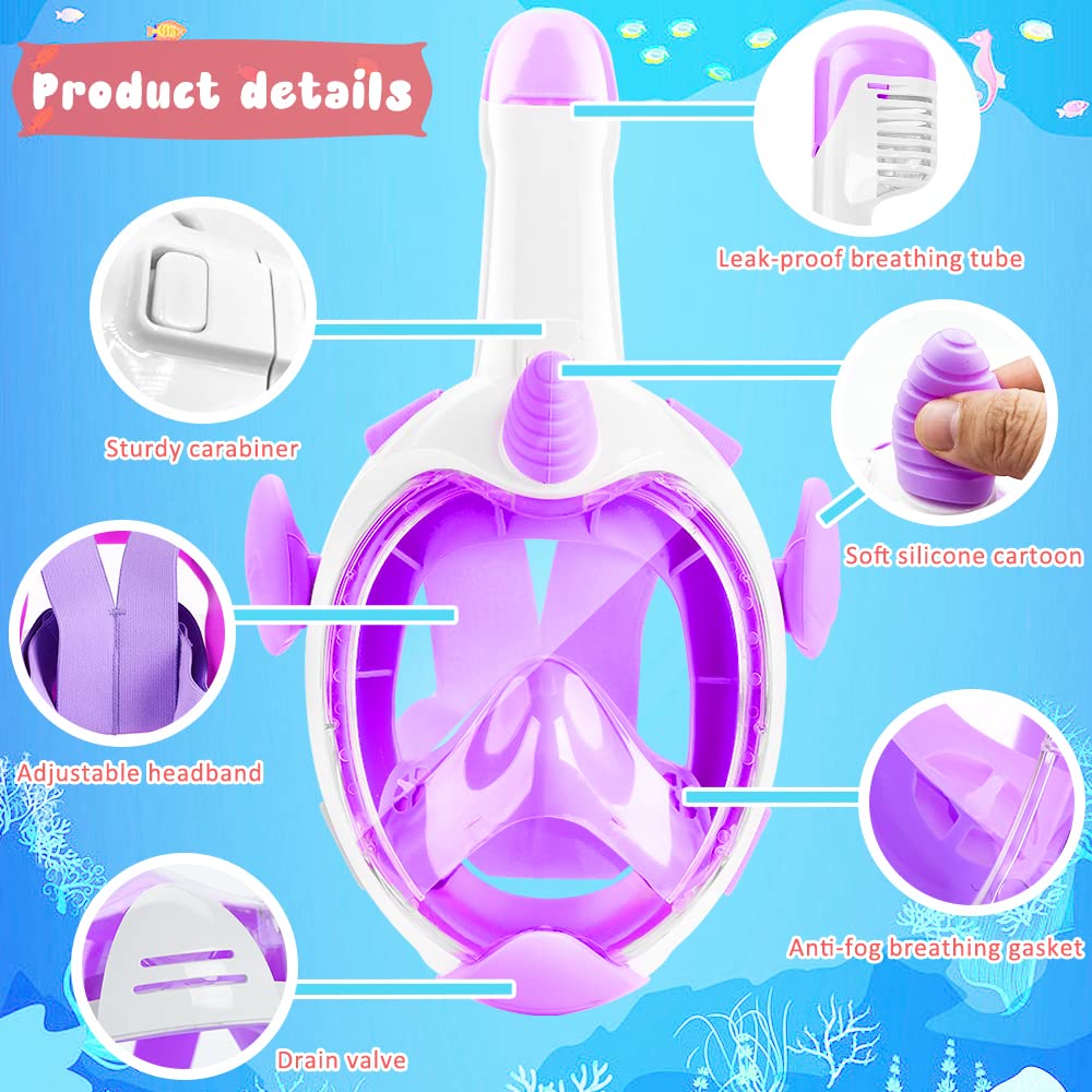 Maschera da snorkeling per bambini, maschera integrale con vista panoramica a 180°, attrezzatura da snorkeling Dry Top per bambini, anti appannamento, anti perdite, con doppio flusso d'aria,