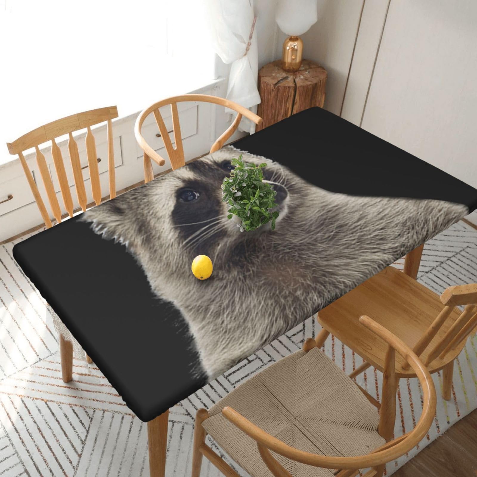DCEHGEW Elastic Fitted Rectangle Tablecloth for 5ft Tables, Hairy raccoon Printed Oilproof & Washable Fabric Picnic Table Cloth Table Covers
