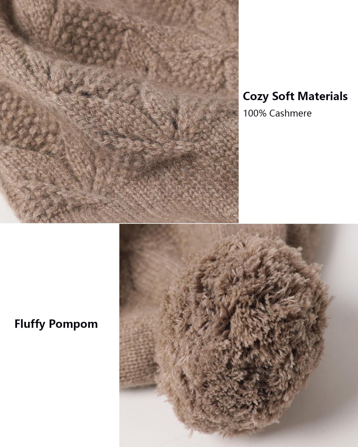 Mujer Gorro Beanie de Punto con Orejeras, 100% Cachemir Invierno Cálido Gorro Tejido con Protección para Oídos & 3 Pompón, Moda Earflap Sombrero Pom Pom Gorro de Esquí Snowboard, Regalo Coffee F