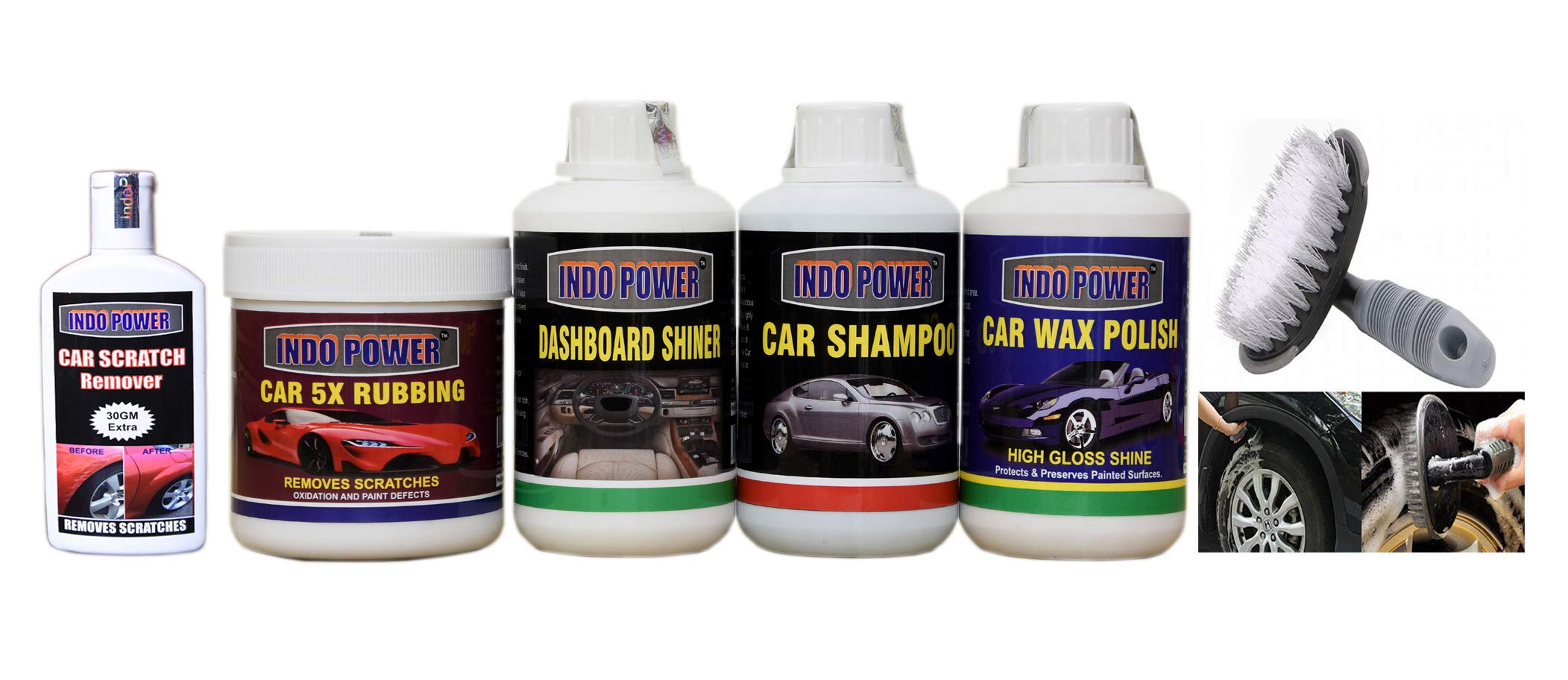 INDOPOWER HCYYY567- Dashboard Shiner 250ml+ CAR 5X RUBBING Polish 250ml+ CAR Wax Polish 250ml+ CAR Shampoo 250ml+ Scratch Remover 100gm. +All Tyre Cleaning Brush